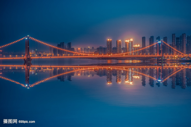 武漢城市風光鸚鵡洲長江大橋倒影
